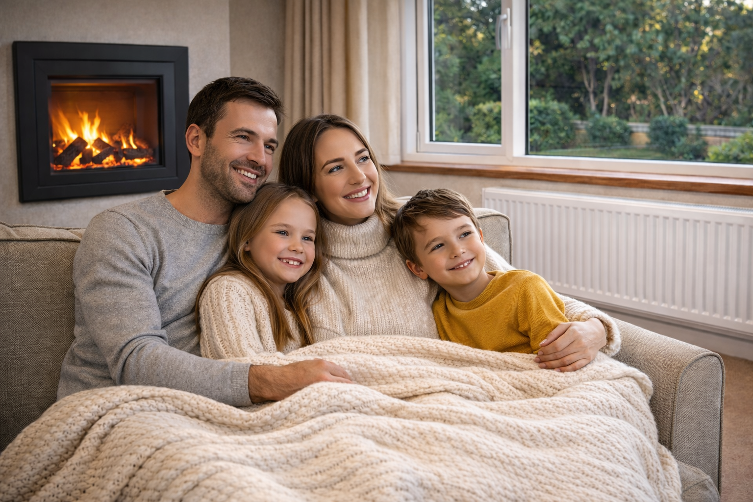 family in Orpington enjoying a warm gas fire